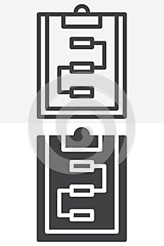 Clipboard scheme workflow line and solid different style vector icon set