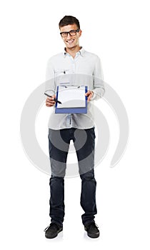 Clipboard, sign up and portrait of man with document, report or technician with checklist in white background. Studio