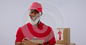 Clipboard, smile or mature black man for delivery services, logistics courier and product shipping signature, list or