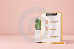 Clipboard with tasks done, pencil and cactus light background. Mockup