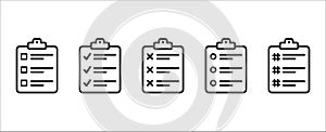 Clipboard vector icon set. Task check list board with check mark, circle, hash tag and cross icons set. Document or paper clamp
