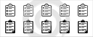 Clipboard vector icon set. Task check list board with check mark, circle, hash tag and cross icons set. Document or paper clamp