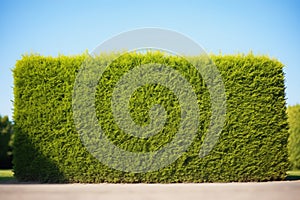 clipped boxwood hedge under bright midday sun