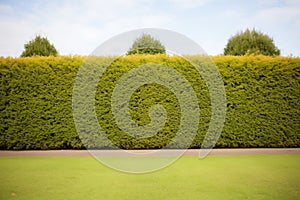 clipped boxwood hedge under bright midday sun