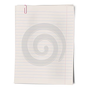 Clipped pile of lined sheets of notebook paper isolated on white background