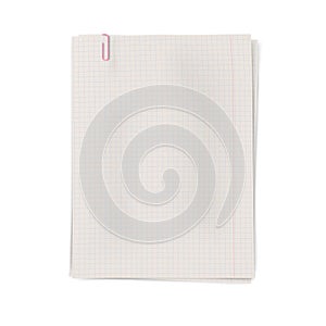 Clipped pile of squared sheets of notebook paper isolated on white background