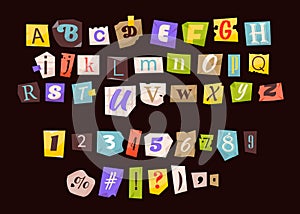 Clipping alphabet and numbers. Anonymous letters cut from magazines. Cut Letters.