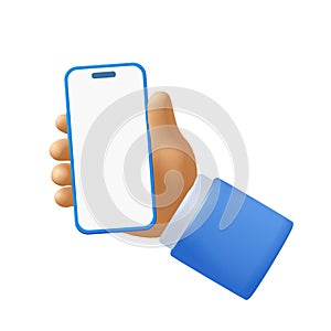 Clipping Path, Cartoon businessman character hand holding mobile phone with white screen