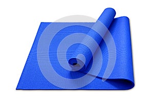 Clipping path, close up roll blue color yoga mat isolated on white background