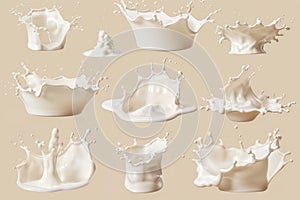 Clipping path and 3D illustration for milk splashes and pourings, yogurt or cream.