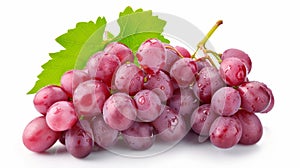 With clipping path. Full depth of field. Red grapes on a pink bunch with white leaves. Full depth of field.