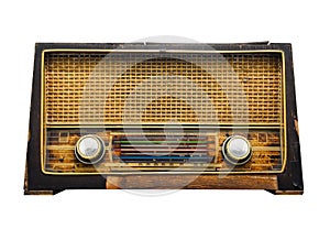 Clipping path, old retro wooden radio receiver isolated on white background