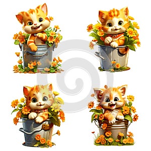 Clipping path, painting of orange kitten and flowers in water bucket clip art on white background