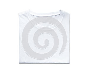 Clipping path, top view of folded white color t-shirt isolated on white background