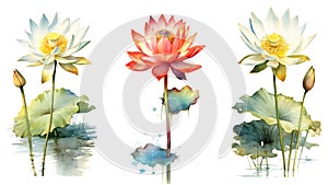 Clipping path, Watercolor painting in botanical style of lotus flowers clip art on white background.