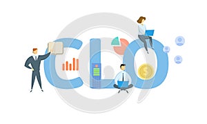 CLO, Chief Legal Officer. Concept with keyword, people and icons. Flat vector illustration. Isolated on white.