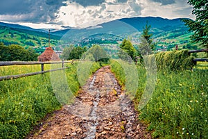 CloÐ³dy summer evening on Yasinya village with old country road, Ukraine, Europe