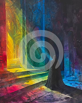 Cloaked figure holding a prism inside a temple, colorful light beams casting patterns photo