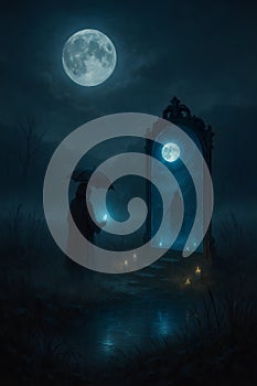 Cloaked figure with umbrella gazes into glowing mirror reflecting second moon â AI generated