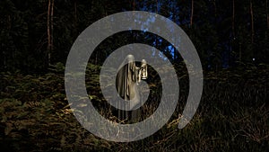 Cloaked mysterious figure stands among ferns in the forest, holding an old fashioned lantern in the dusk. 3d render