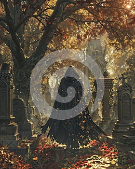 A cloaked person stands among vibrant autumn foliage in a peaceful, old graveyard