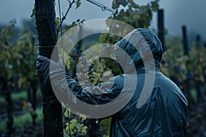 cloaked in a rain jacket, a person secures a vineyard against the storm