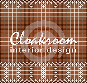 Cloakroom interior design. Text on tile. Red brown square tiles with decor.