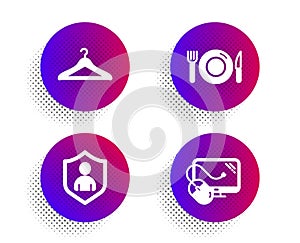 Cloakroom, Security and Food icons set. Computer mouse sign. Hanger wardrobe, Private protection, Restaurant. Vector