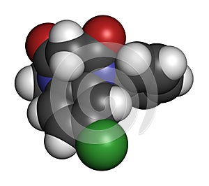 Clobazam epilepsy drug molecule. 3D rendering. Atoms are represented as spheres with conventional color coding: hydrogen (white),