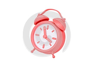 Clock 3d render icon - simple alarm timer concept, red retro style flying alarmclock and morning awakening illustration