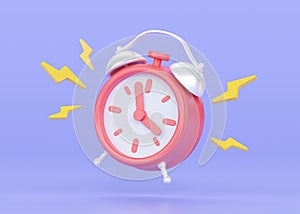 Clock 3d render icon - simple alarm timer concept, retro style flying alarmclock with thunder illustration