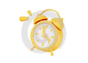 Clock 3d render icon - simple alarm timer concept, yellow retro style flying alarmclock