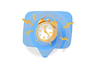 Clock 3d render icon - simple alarm timer, retro style flying alarmclock with thunder and message bubble illustration