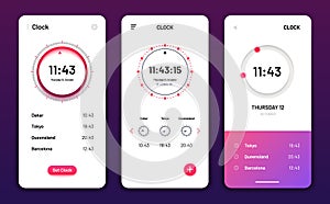 Clock app. Digital clock alarm phone application. Cellphone watch widget futuristic vector user interfaces