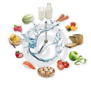 Clock arranged from healthy food products splash by water isolated on white background. Healthy food concept.