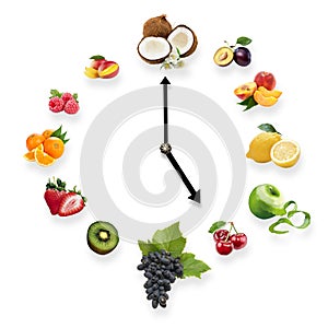 Clock arranged from healthy fruits isolated on white background.