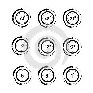 Clock arrow 1, 3, 6, 9, 12, 16, 24, 48, 72 hours. Set of delivery service time icons.