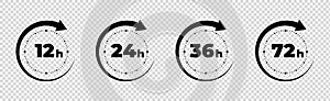 Clock arrow 12, 16, 24, 48, 72 hours. Set of delivery service time icons.