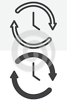 Clock arrows refresh line and solid vector icon set