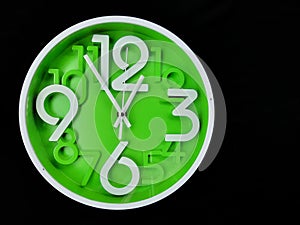 Clock on black background. The time is 12:55 am or pm. Twelve o& x27;clock pass fifty five minutes am or pm.