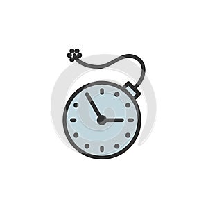 Clock with bomb, explosion timer, deadline flat color line icon.
