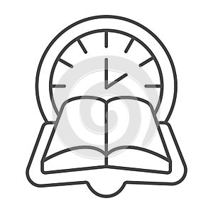 Clock, book time thin line icon, children book day concept, reading time vector sign on white background, open book