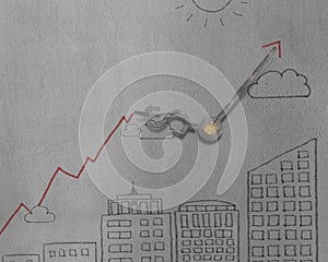 Clock with building and growing arrow doodles on wall