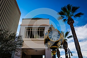 Clock and buildings in downtown Riverside