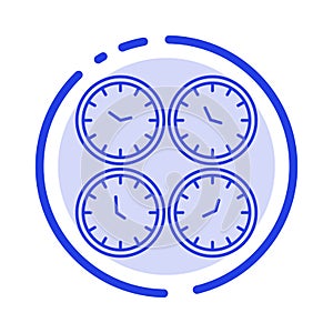 Clock, Business, Clocks, Office Clocks, Time Zone, Wall Clocks, World Time Blue Dotted Line Line Icon