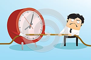 Clock and businessman fighting tug of war