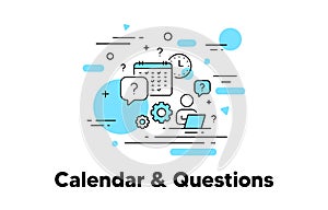 Clock and Calendar line icon. Timetable schedule, Question mark, Human resources concept illustration. Vector