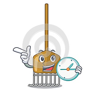 With clock cartoon rake leaves with wooden stick