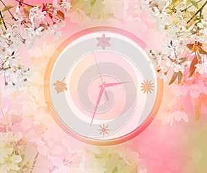 Clock in cherry blossoms. Spring comes. Concept