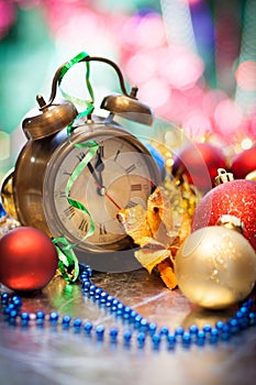 Clock and christmas balls - holiday background